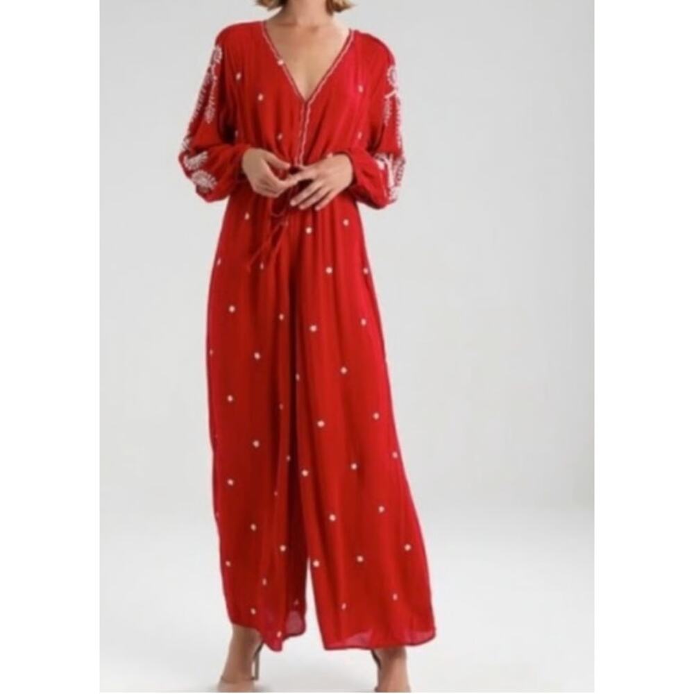Free People Red Romper XS Jumpsuit Embroidered Boho Wide Leg Festival V-neck